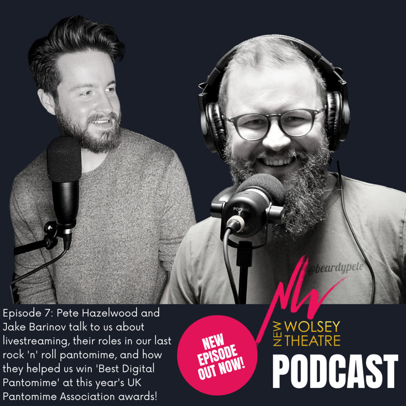 The image reads: 'New Wolsey Theatre Podcast, new episode out now. EPISODE 4: It's Mr P (David Phillips), our Head of Production and Facilities. Mr P gives us a candid account of a day in the life of a very hard-working production manager - expect plenty of humour too!' A photo of Mr P during the recording of the podcast sits above the text. He is smiling to the camera.